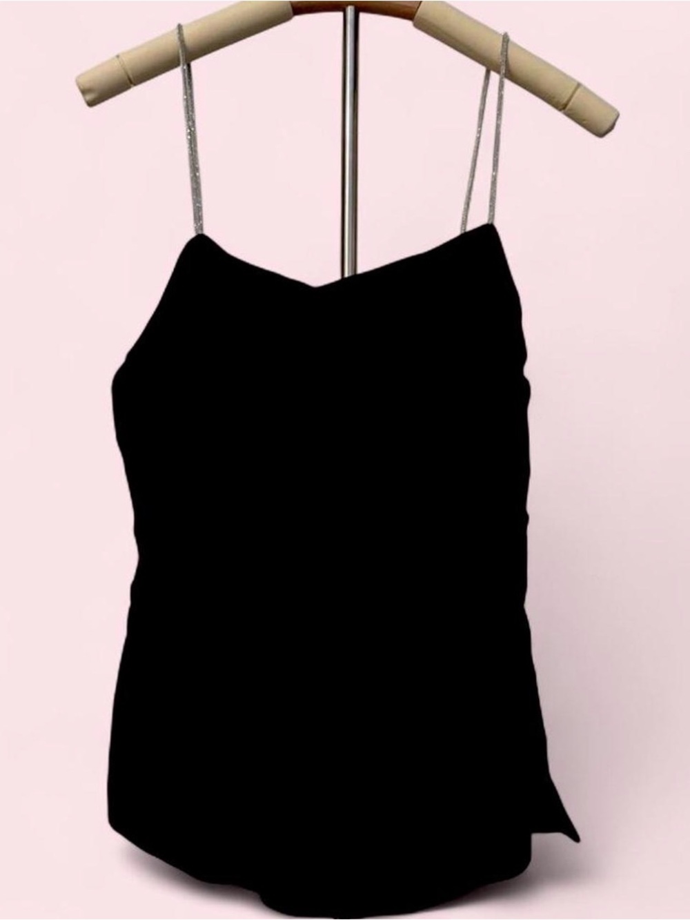 black satin-like blouse with silver bead straps